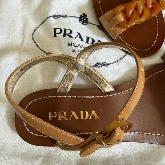 PRADA Leather Nude Sandal 37 Tortoise Shell Style Chain Links Strappy Flat Italy - Picture 2 of 14
